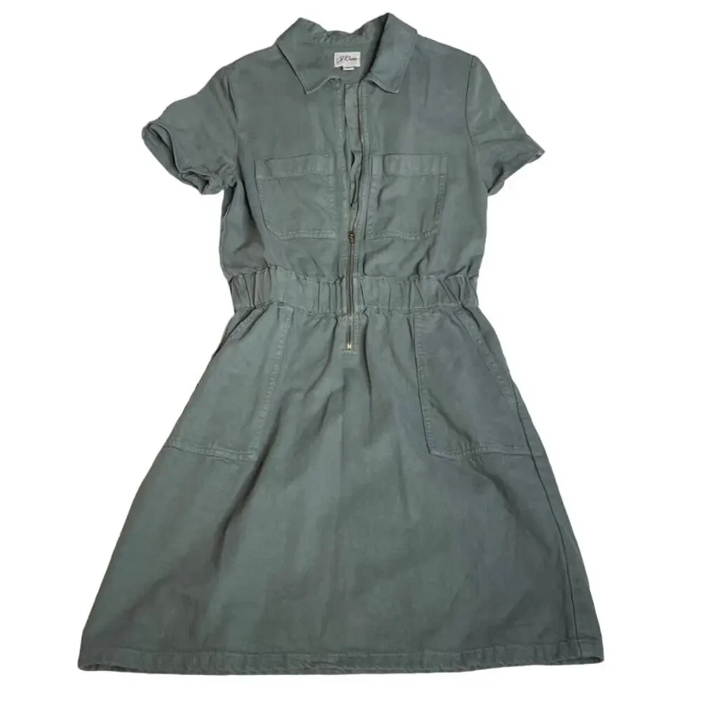 J. Crew Utility Dress Green Short Sleeve Zipper Waist Pockets Shirt Dress Size 0